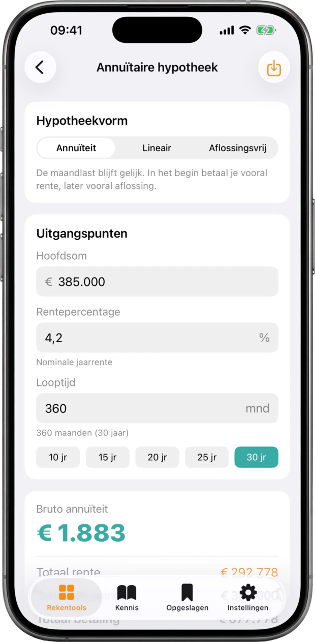 Rekenwerk op een iPhone: de maandlast met het aflossingsschema