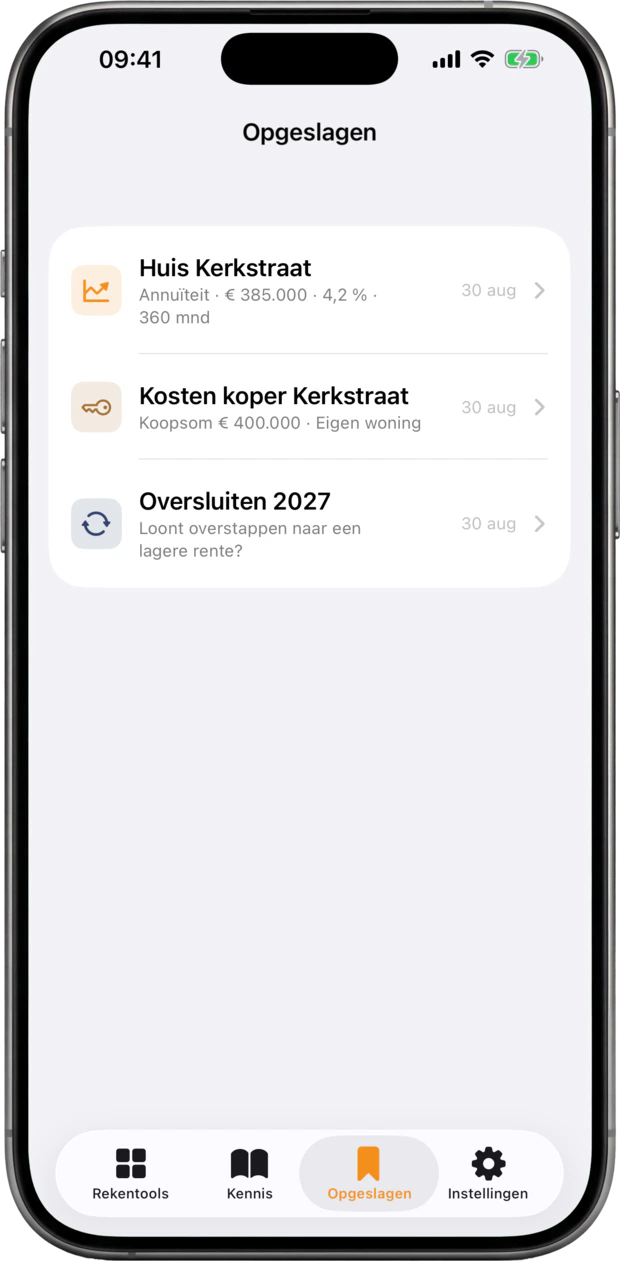 Bewaarde berekeningen, terug te vinden onder Opgeslagen