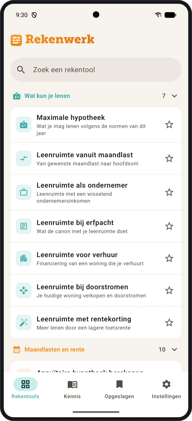 Rekenwerk op een Android-telefoon: de rekentoolhub met de rubrieken en het zoekveld