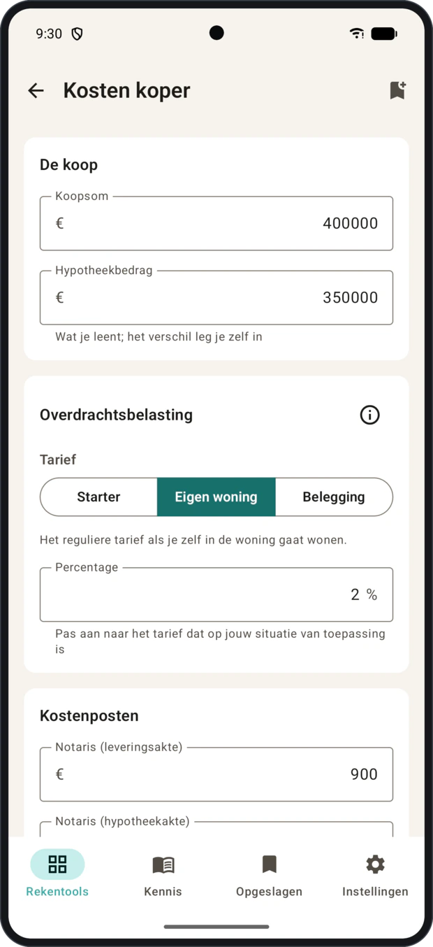 Kosten koper, met de overdrachtsbelasting en elke post apart